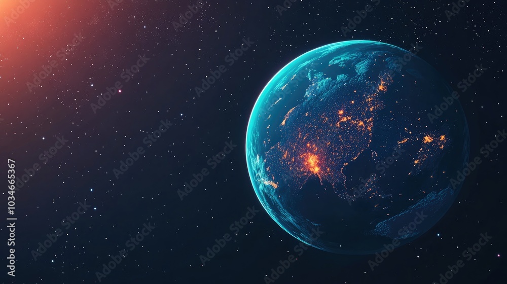 Fototapeta premium 3D cartoon illustration of Planet Earth at night in deep black space highlighting continents