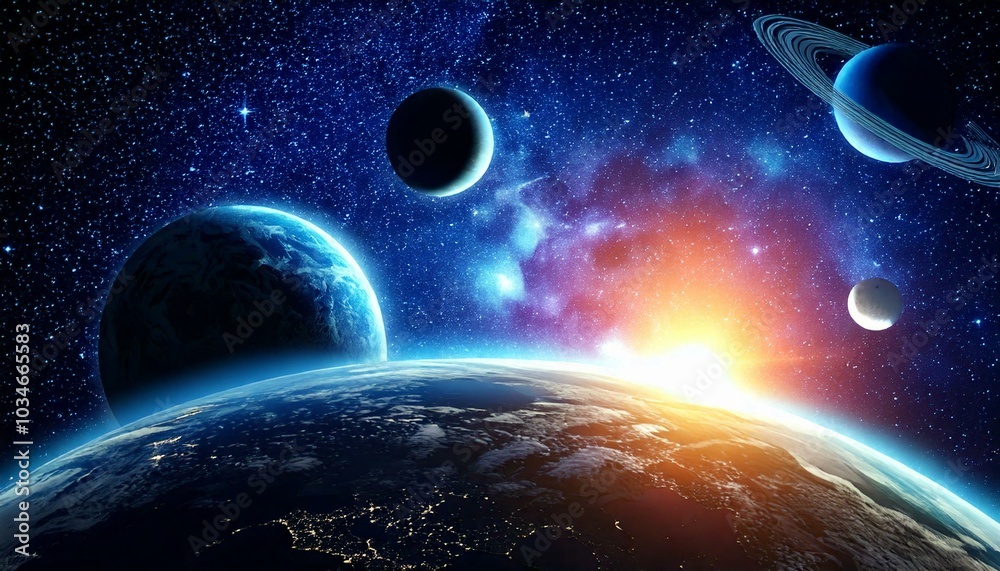 Obraz premium Weltraum Planeten Sonnenlicht Effekt Nacht Dunkel Weltall aufnahmen Breitbild