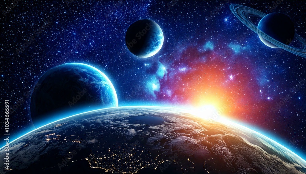 Fototapeta premium Weltraum Planeten Sonnenlicht Effekt Nacht Dunkel Weltall aufnahmen Breitbild