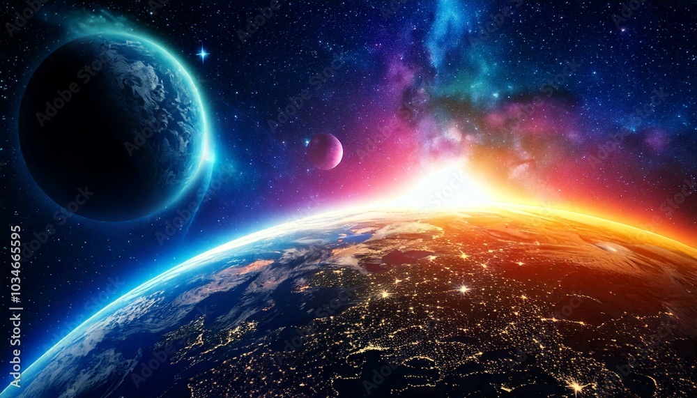 Fototapeta premium Weltraum Planeten Sonnenlicht Effekt Nacht Dunkel Weltall aufnahmen Breitbild