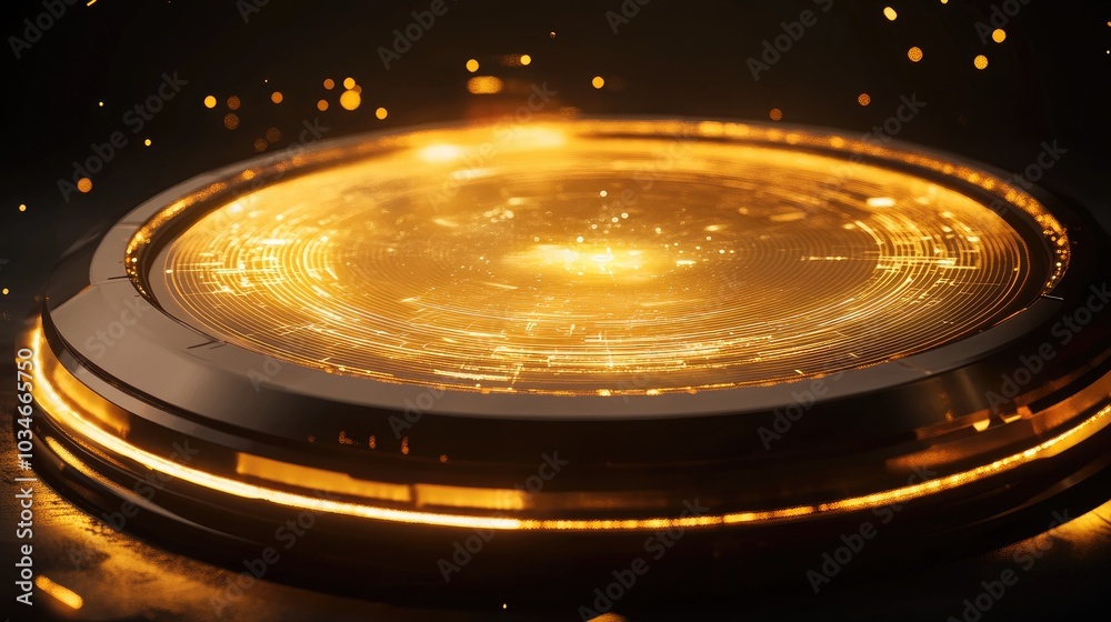 Obraz premium Round teleport podium with a light gold swirl featuring sci fi digital high tech elements in a glowing HUD projector resembling a magical gate in a fantasy game with AI themes
