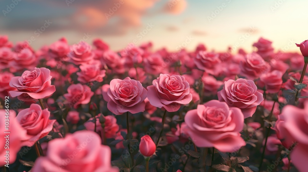 Natural beauty display with a field of pink roses 3D rendering for a romantic theme Natural beauty display with a field of pink roses 3D rendering for a romantic theme