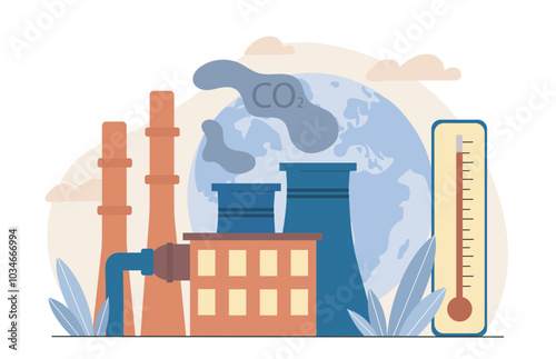 Factory air pollution. Air purity meter near dirty factory. Release of Co2 waste into environment. Caring for nature and ecology. Flat vector illustration isolated on white background