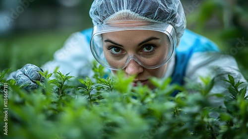 person in protective gear inspects field for pest control highlighting farm biocontrol practices.stock image