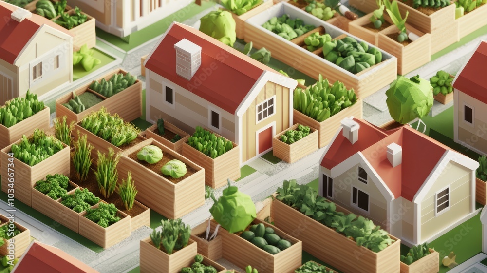 A vibrant, aerial view of a miniature suburban garden community, showcasing houses and lush vegetable plots arranged neatly. A vibrant, aerial view of a miniature suburban garden community, showcasing houses and lush vegetable plots arranged neatly.