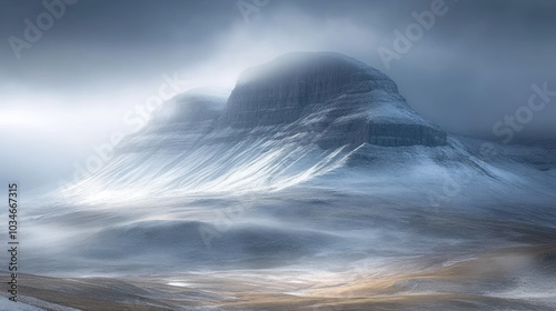 A dramatic mountain peak shrouded in mist and snow, with sunlight breaking through the clouds.