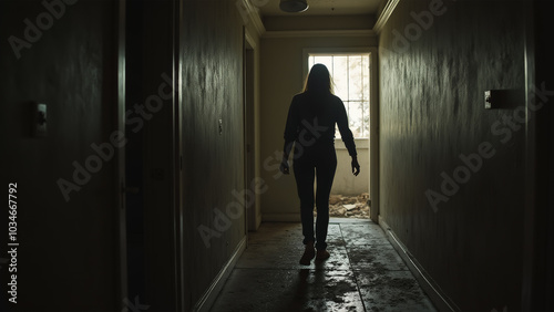 Woman Walking Down Creepy Hall