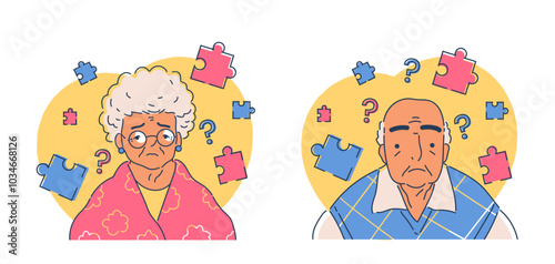 Old people with Alzheimers disease. Elderly man and woman with puzzles. Seniors with dementia and memory problems. Healthcare and medicine. Linear vector illustration isolated on white background