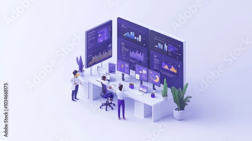 A modern office environment featuring multiple screens displaying data analytics, with two professionals engaged in teamwork amidst a clean, minimalistic design.