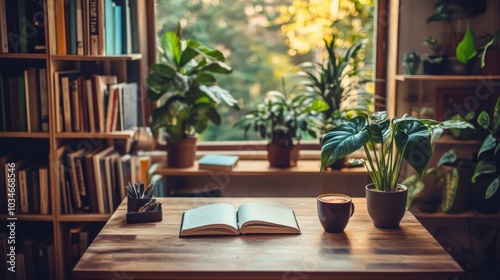 Wallpaper Mural Cozy reading nook with open book and plants beside window in a serene library setting Torontodigital.ca