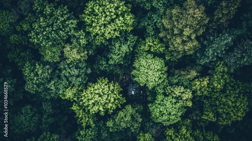 An aerial view of a dense forest with lush green trees.