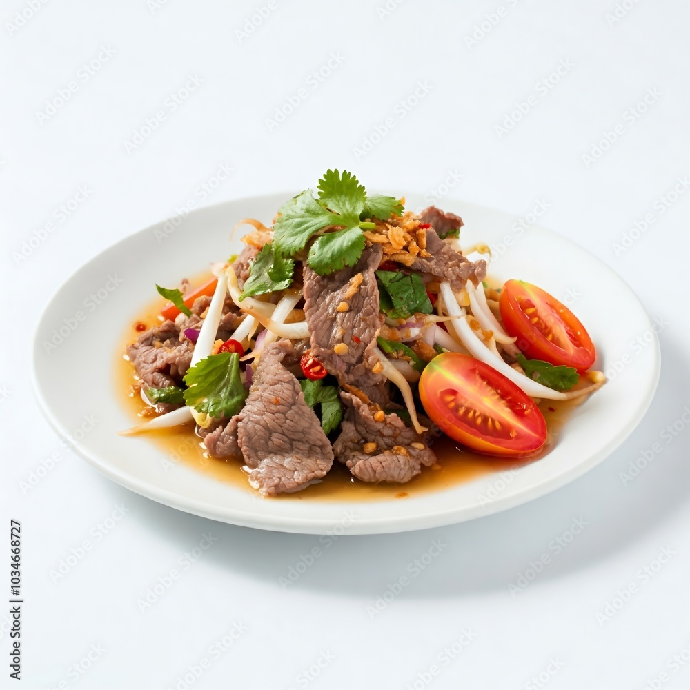 Plate of beef salad with herbs, onions, and tomato slices on a white background. Plate of beef salad with herbs, onions, and tomato slices on a white background.