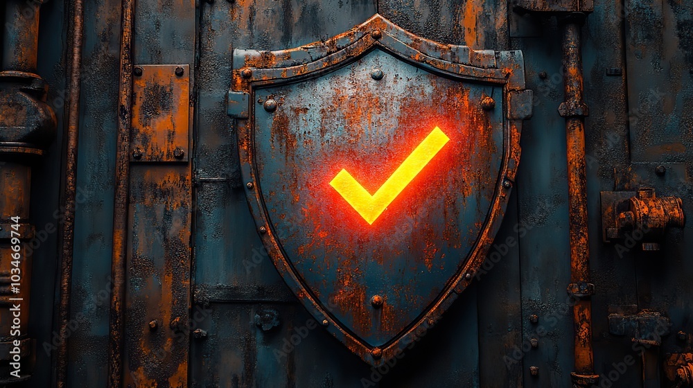Naklejka premium rusty shield symbolizing the rust programming language adorned with digital glowing checkmark representing security and reliability in coding