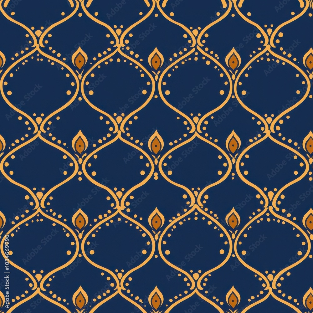 Elegant Golden Lattice Pattern on Dark Blue Background with Stylized Teardrop Motifs, Repeating Symmetrical Design for Modern and Classic Aesthetics Elegant Golden Lattice Pattern on Dark Blue Background with Stylized Teardrop Motifs, Repeating Symmetrical Design for Modern and Classic Aesthetics