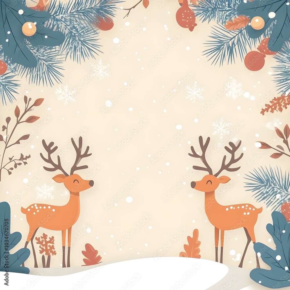 Cute Reindeer Christmas Card Design with Snowflakes and Branches Cute Reindeer Christmas Card Design with Snowflakes and Branches