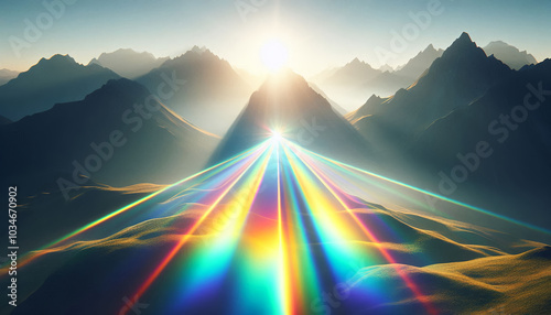 A beam of sunlight passing through a prism, casting a spectrum of colors with slight aberrations on a natural landscape. photo