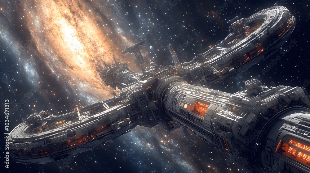 space station, futuristic habitat in fron tof the Milky Way galaxy. space station, futuristic habitat in fron tof the Milky Way galaxy.