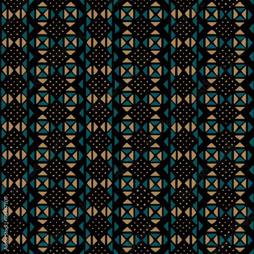 blue and brown hand drawn triangles, dots. black repetitive background. vector seamless pattern. traditional ethnic motifs. folk decorative art. fabric swatch. wrapping paper. textile design template