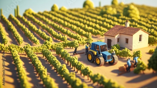 A serene vineyard scene featuring a blue tractor and workers harvesting grapes near a quaint farmhouse.