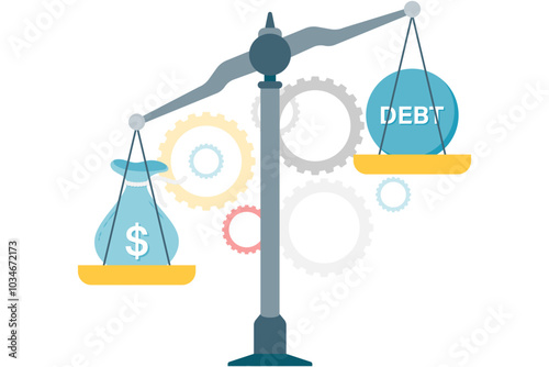 debt management, money bag and loan scales with gear background