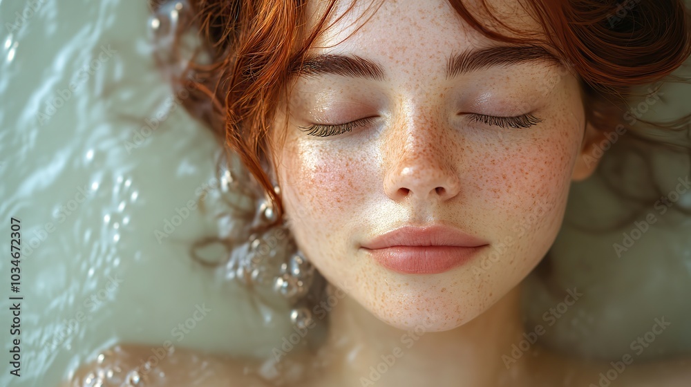 serene woman with clear skin and freckles eyes closed symbolizing the connection between mental wellbeing and skin health in psychodermatology.stock image serene woman with clear skin and freckles eyes closed symbolizing the connection between mental wellbeing and skin health in psychodermatology.stock image
