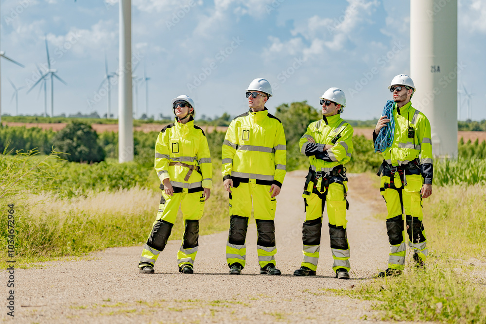 A group of engineers in high visibility gear walks through a wind farm with turbines in the background, emphasizing teamwork, renewable energy, and wind power technology. A group of engineers in high visibility gear walks through a wind farm with turbines in the background, emphasizing teamwork, renewable energy, and wind power technology.
