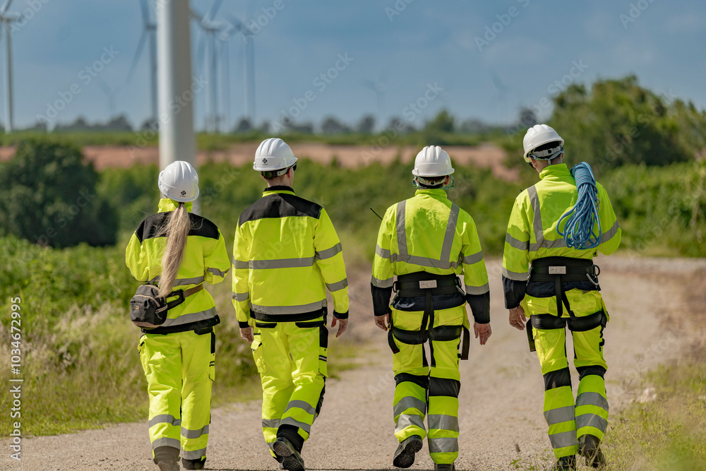 group of engineers in high visibility gear stands at a wind farm, observing several wind turbines. The image highlights teamwork, renewable energy, and the scope of wind power projects. group of engineers in high visibility gear stands at a wind farm, observing several wind turbines. The image highlights teamwork, renewable energy, and the scope of wind power projects.
