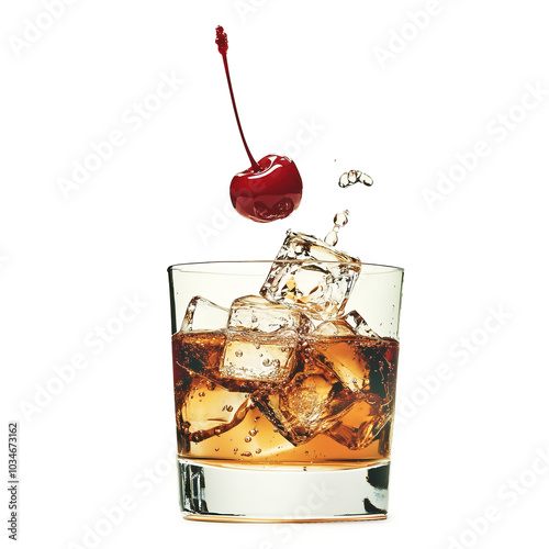 a glass of cola bourbon whiskey beverage with ice cubes and cherry on top isolated with alpha no background party drink