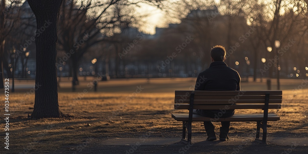 Man Sitting on Park Bench in Morning Light Man Sitting on Park Bench in Morning Light