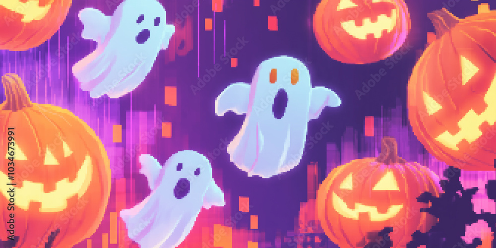 Fototapeta premium Unique weird haunting host with jack o lantern, in semi pixel art style, Halloween art