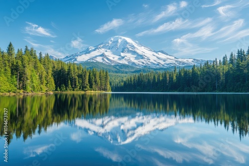 A clear, still lake reflecting a majestic snow-capped mountain and a pine forest along the shore.