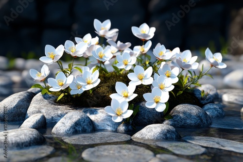 3D-rendered Kerria Japonica flowers swaying in a digital breeze, part of a virtual garden photo