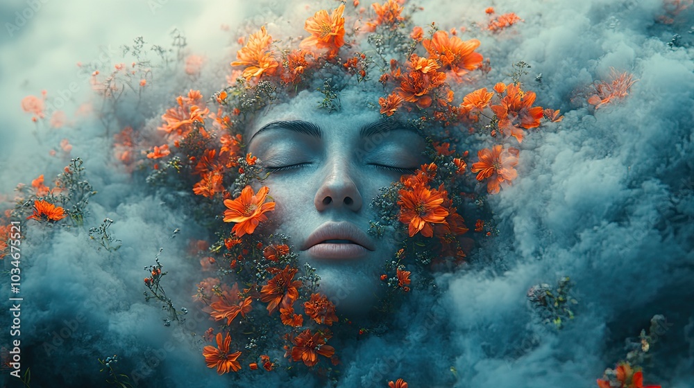 surreal image depicting woman s face blending into dark clouds and vibrant flowers symbolizing the complexity of female mental wellbeing.stock image surreal image depicting woman s face blending into dark clouds and vibrant flowers symbolizing the complexity of female mental wellbeing.stock image