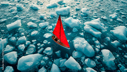 Sailing boat on ice floe floating in the sea with icebergs