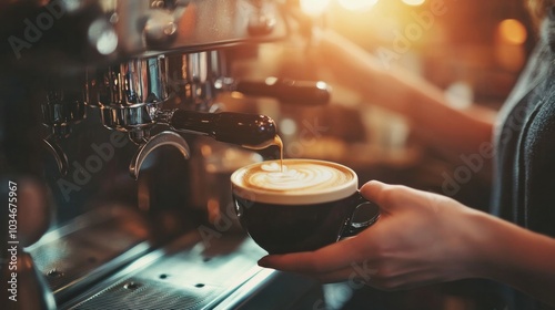 In a small coffee shop, a barista uses a high-end espresso equipment to make lattes. The scenario depicts the painstaking method of making coffee using a variety of barista instruments.