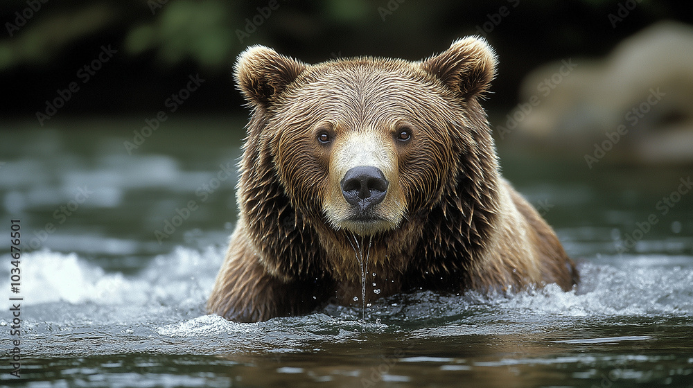 A close-up of a grizzly bear fishing in a river, showcasing the rich wildlife that Alaska is known for, perfect for Alaska Day A close-up of a grizzly bear fishing in a river, showcasing the rich wildlife that Alaska is known for, perfect for Alaska Day