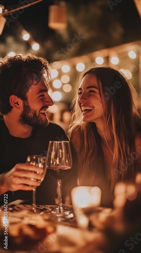 Obraz na płótnie A couple enjoying a romantic dinner at a chic restaurant, candlelight illuminating their faces as they share a laugh over a glass of wine w salonie