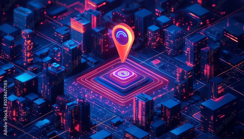 Fototapeta premium Isometric 3D illustration of a vibrant city block with a prominent location pin above a building, highlighting urban mapping and navigation concepts