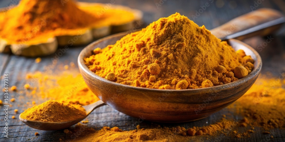 Vibrant turmeric root powder with copy space, spice, yellow, ingredient, cooking, herb, health, aroma, anti-inflammatory Vibrant turmeric root powder with copy space, spice, yellow, ingredient, cooking, herb, health, aroma, anti-inflammatory