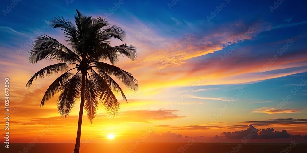Silhouette of a Palm Tree Against a Vivid Sunset Sky, Featuring a Striking Display of Color and a Peaceful Atmosphere