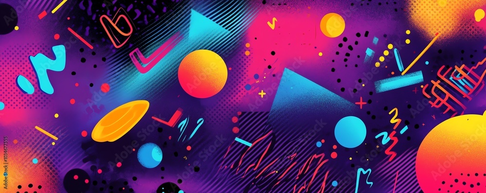 Vibrant purple backdrop filled with iconic 80s Memphis style design features, including energetic geometric shapes and whimsical patterns for nostalgic visuals Vibrant purple backdrop filled with iconic 80s Memphis style design features, including energetic geometric shapes and whimsical patterns for nostalgic visuals