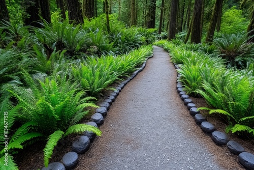 A forest path bordered by Gaultheria plants, guiding walkers through the woods photo