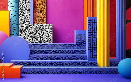 Vivid purple backdrop showcasing iconic 80s Memphis style design elements, including playful geometric shapes and squiggly lines, perfect for retrothemed aesthetics photo