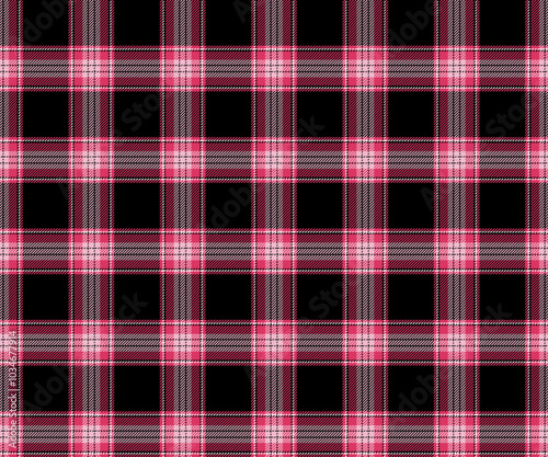 Plaid fabric pattern, black, pink, white, cross lines, seamless for textiles, and for designing clothes, skirts or decorative fabrics. Vector illustration.