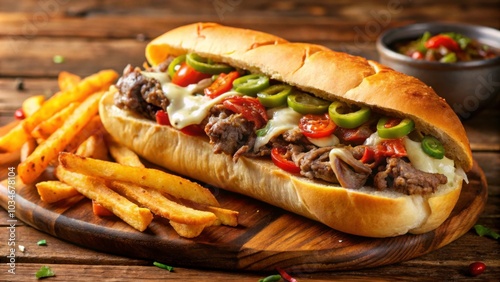 Delicious Philly cheesesteak sandwich with melted cheese, juicy steak, onions, peppers