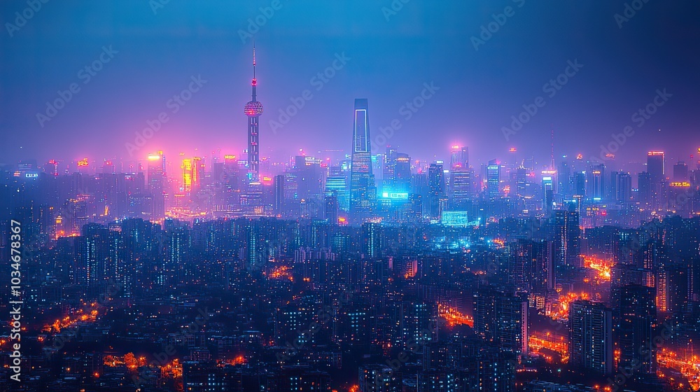 vibrant cityscape at night with focus on telecommunications tower symbolizing connectivity in smart city.illustration vibrant cityscape at night with focus on telecommunications tower symbolizing connectivity in smart city.illustration