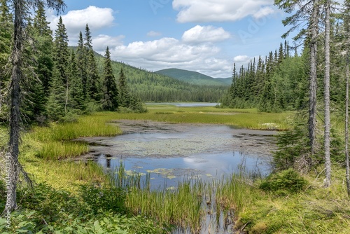 Forest Lake with Lush Greenery and Blue Sky