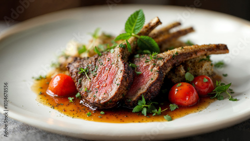 Herb crusted rack of lamb with mint jus and roasted vegetables. Gourmet culinary photography. A perfectly seasoned herb-crusted rack of lamb served with a flavorful mint jus and roasted vegetables.