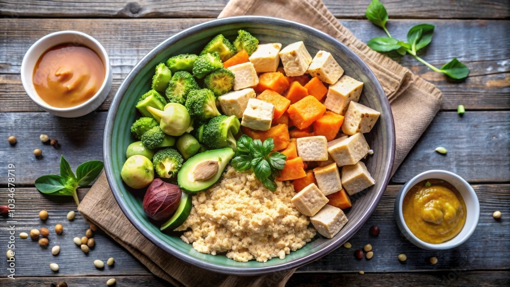 Healthy Buddha bowl with quinoa, tofu, avocado, sweet potato, brussels sprouts and tahini dressing, top view, vegan, food Healthy Buddha bowl with quinoa, tofu, avocado, sweet potato, brussels sprouts and tahini dressing, top view, vegan, food