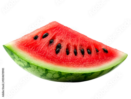 Fresh watermelon slice with vibrant red flesh and black seeds, isolated on white. Transparent Background. photo